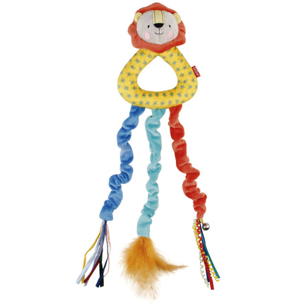 Colgante puerta cascabel + plumas León GiGwi 43 cm.
