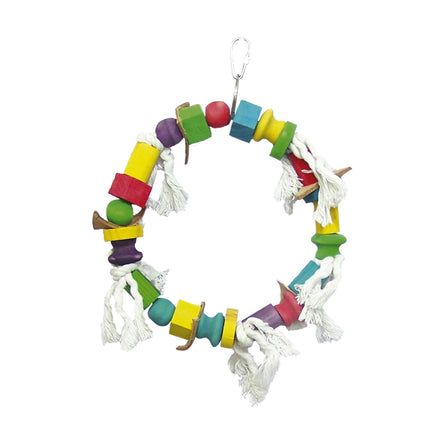 Juguete de madera con aro y cuentas multicolor para pájaros 30 cm.