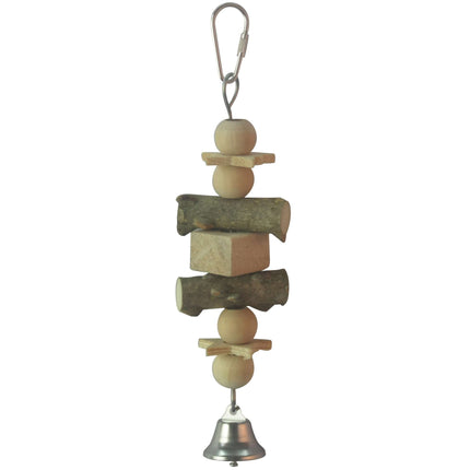 Juguete de madera natural con campana para pájaros 20 cm.