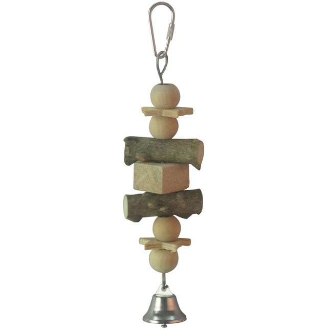 Juguete de madera natural con campana para pájaros 20 cm.