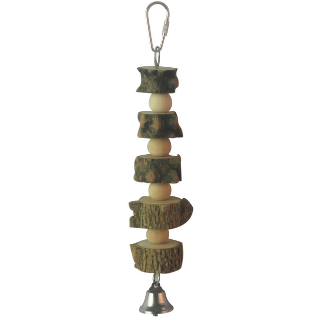 Juguete de madera natural con campana para pájaros 20 cm.