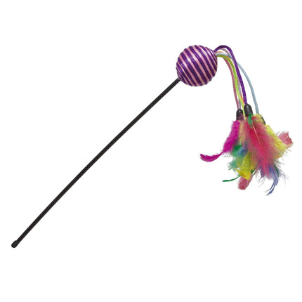 Juguete para gatos con varilla con bola y colas de plumas. 46 cm.