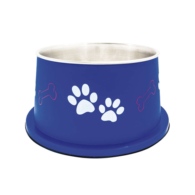 Comedero de acero inoxidable azul con huellas 19 cm.