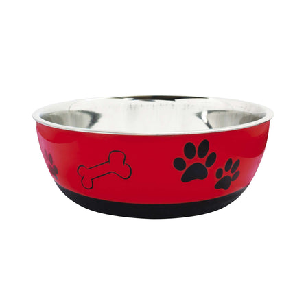 Comedero de acero inoxidable rojo con huellas 10 cm.