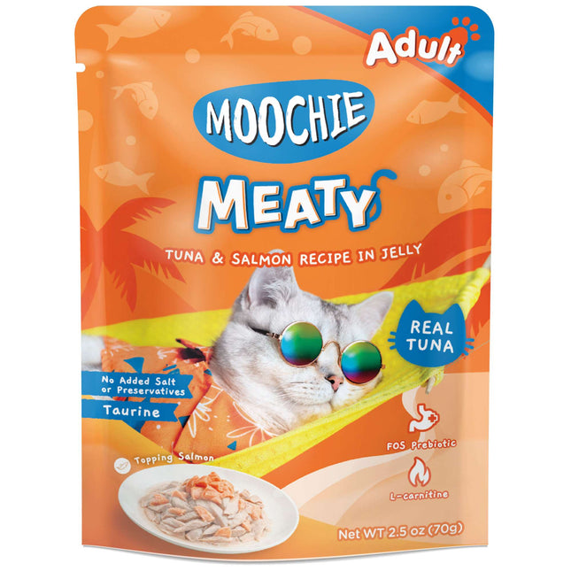 Pouch de atún y salmón para gatos MOOCHIE delicias carnosas de 70 gramos (Pack de 12 uds)