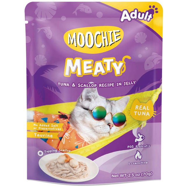 Pouch de atún y vieiras para gatos MOOCHIE delicias carnosas de 70 gramos (Pack de 12 uds)