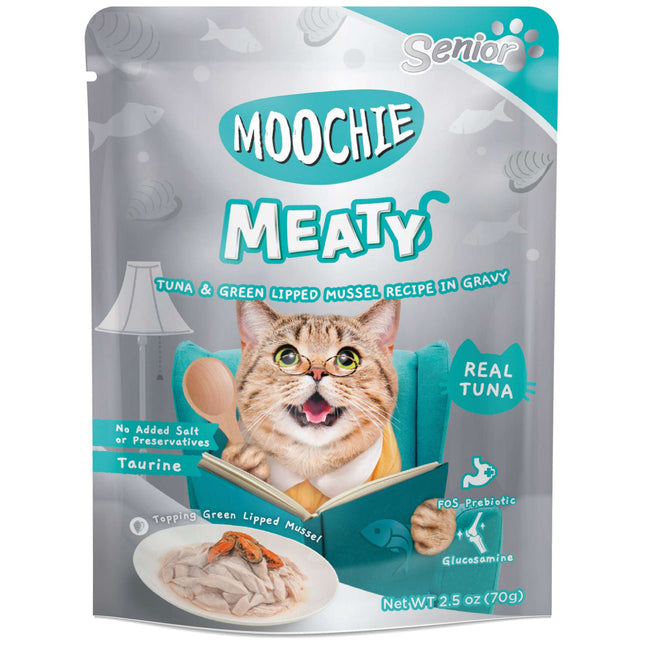 Pouch de atún y mejillón para gatos senior MOOCHIE delicias carnosas de 70 gramos (Pack de 12 uds)