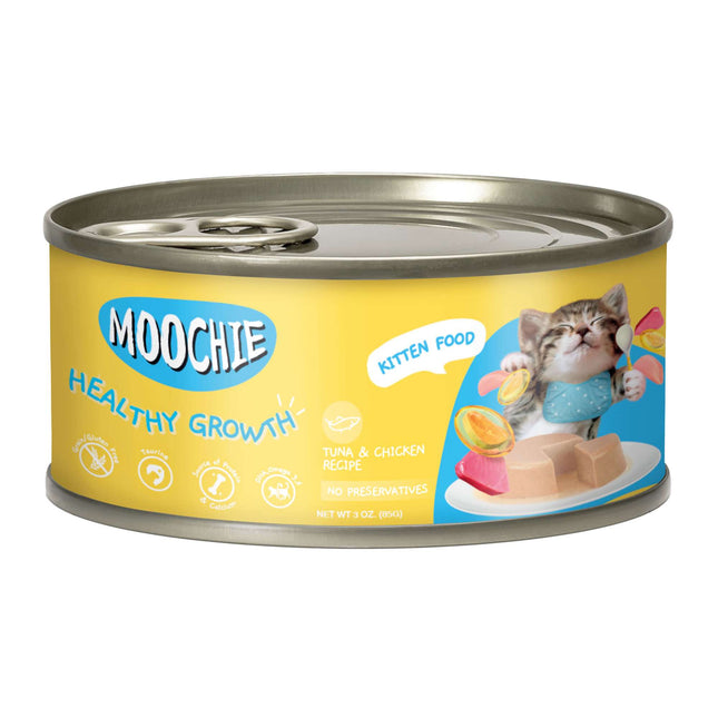 Lata de paté de atún y pollo para gatitos MOOCHIE crecimiento saludable de 85 gramos (Pack de 5 uds)