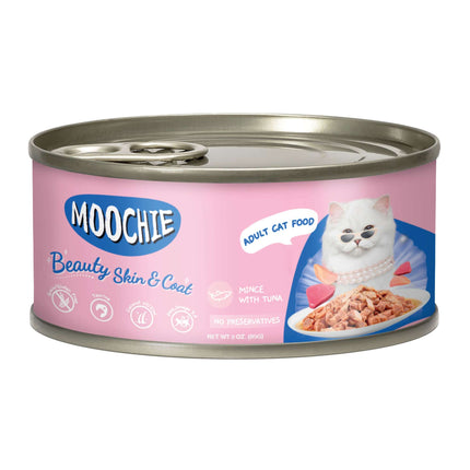 Lata de atún y pollo para gatos MOOCHIE Belleza de piel y pelaje de 85 gramos (Pack de 5 uds)