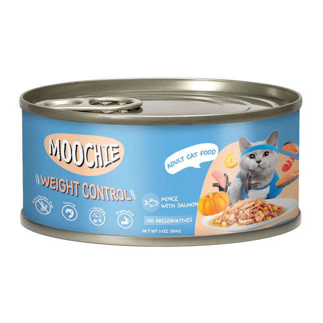 Lata de salmón y pollo para gatos MOOCHIE control de peso de 85 gramos (Pack de 5 uds)
