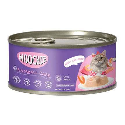 Lata de paté con gambas para gatos MOOCHIE prevención bola de pelo de 85 gramos (Pack de 5 uds)
