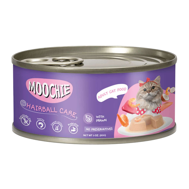 Lata de paté con gambas para gatos MOOCHIE prevención bola de pelo de 85 gramos (Pack de 5 uds)