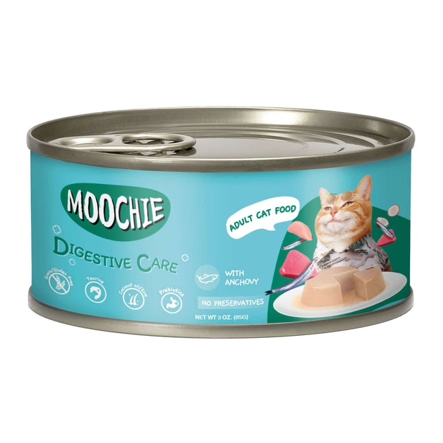 Lata de paté con anchoa para gatos MOOCHIE cuidado digestivo de 85 gramos (Pack de 5 uds)