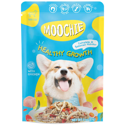 Pouch de pollo y verduras para cachorros MOOCHIE crecimiento saludable de 85 gramos (Pack de 12 uds)