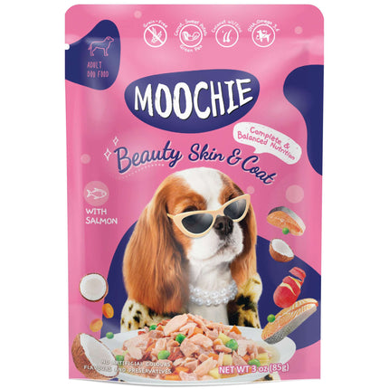 Pouch de salmón y verduras para perros MOOCHIE pelaje radiante de 85 gramos (Pack de 12 uds)
