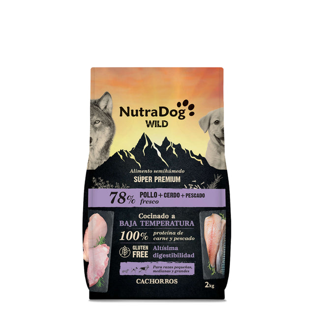 Alimento semihúmedo para cachorros pollo, cerdo y pescado 78% NutraDog WILD - 2 kg