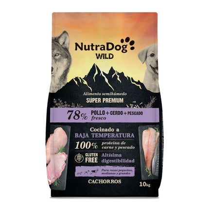 Alimento semihúmedo para cachorros pollo, cerdo y pescado 78% NutraDog WILD - 10 kg