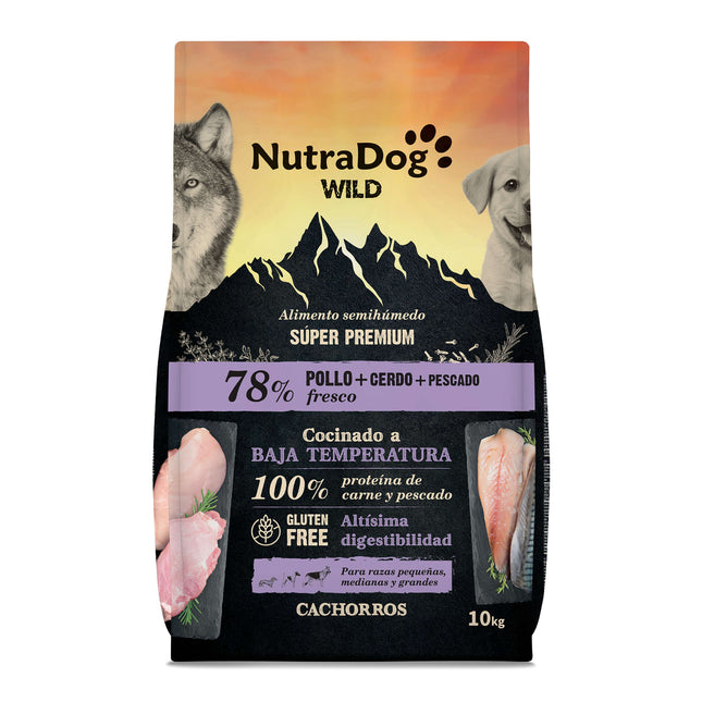 Alimento semihúmedo para cachorros pollo, cerdo y pescado 78% NutraDog WILD - 10 kg