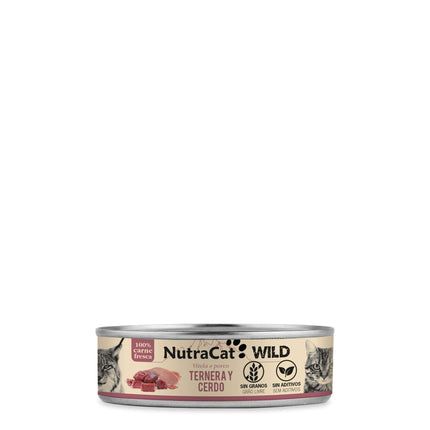Lata de ternera y cerdo para gatos NutraCat WILD - 80 gramos (Pack de 15 uds)