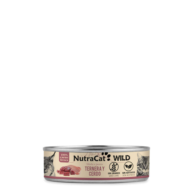 Lata de ternera y cerdo para gatos NutraCat WILD - 80 gramos (Pack de 15 uds)