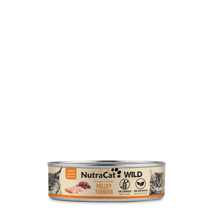 Lata de pollo y ternera para gatos NutraCat WILD - 80 gramos (Pack de 15 uds)