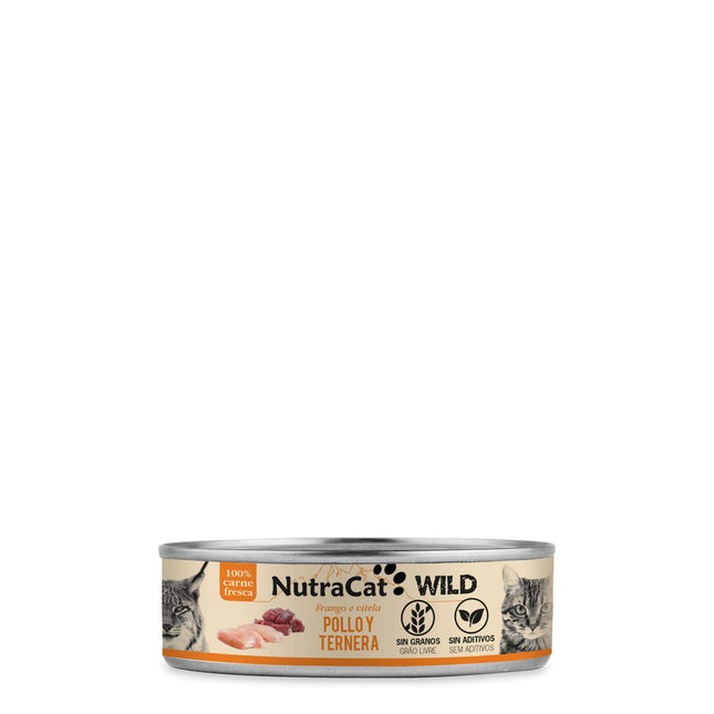 Lata de pollo y ternera para gatos NutraCat WILD - 80 gramos (Pack de 15 uds)
