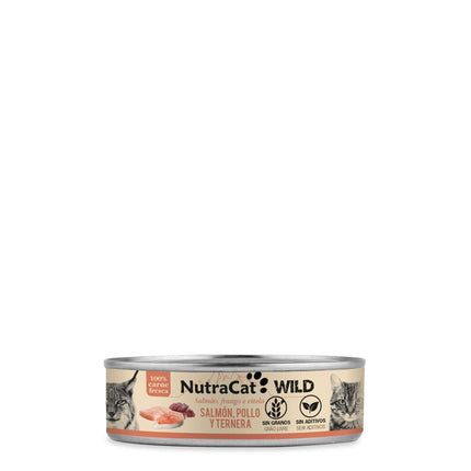 Lata de salmón, pollo y ternera para gatos NutraCat WILD - 80 gramos (Pack de 15 uds)