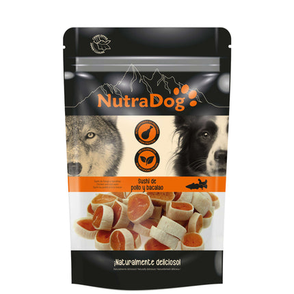 Snack sushi de pollo y bacalao NutraDog - 100 gramos (Pack de 12 uds)