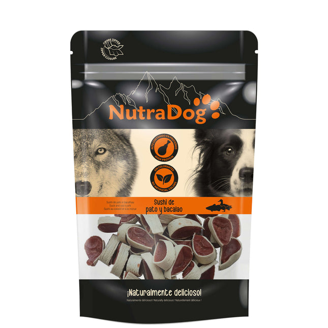 Snack sushi de pato y bacalao NutraDog - 100 gramos (Pack de 12 uds)