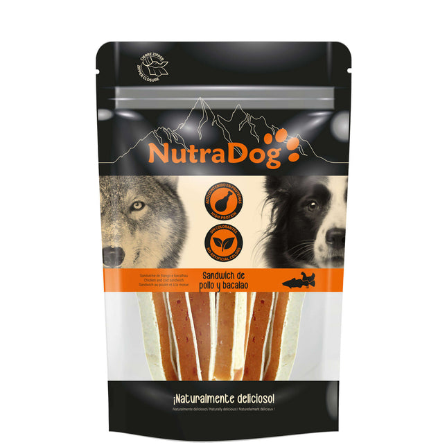 Snack sándwich de pollo y bacalao NutraDog - 100 gramos (Pack de 12 uds)