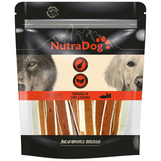 Snack sándwich de pollo y bacalao NutraDog - 350 gramos (Pack de 6 uds)