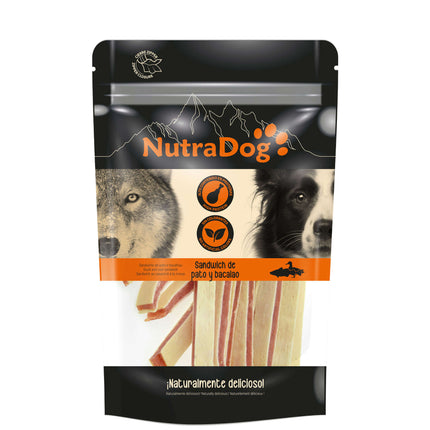 Snack sándwich de pato y bacalao NutraDog - 100 gramos (Pack de 12 uds)