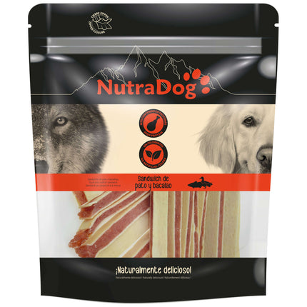Snack sándwich de pato y bacalao NutraDog - 350 gramos (Pack de 6 uds)