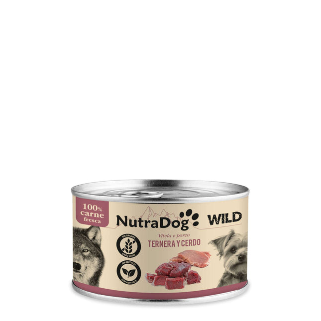 Lata de ternera y cerdo para perros NutraDog WILD - 200 gramos (Pack de 15 uds)