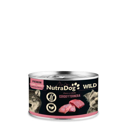 Lata de cerdo y ternera para perros NutraDog WILD PREMIUM - 200 gramos (Pack de 15 uds)