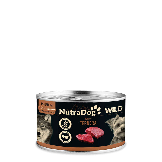 Lata de ternera para perros NutraDog WILD PREMIUM de 200 gramos (Pack de 15 uds)