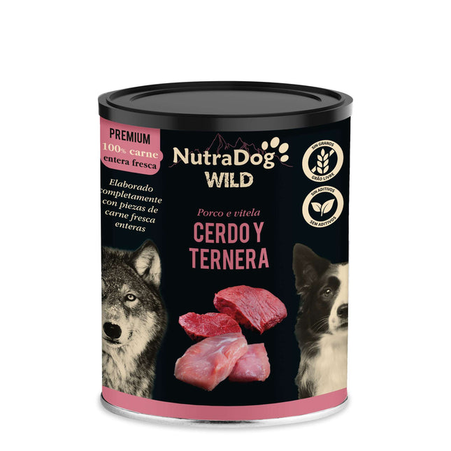 Lata de cerdo y ternera para perros NutraDog WILD PREMIUM - 400 gramos (Pack de 15 uds)