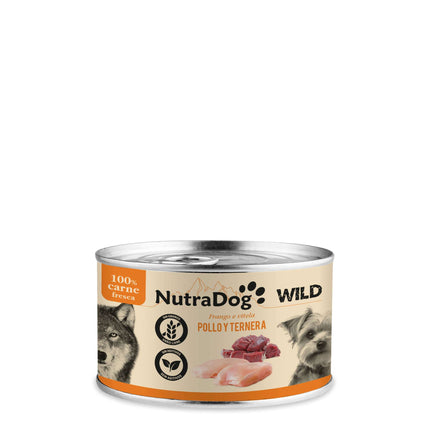 Lata de pollo y ternera para perros NutraDog WILD - 200 gramos (Pack de 15 uds)
