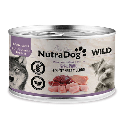 Lata de pavo, ternera y cerdo para perros NutraDog WILD Gourmet - 200 gramos (Pack de 15 uds)