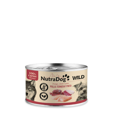 Lata de pollo, ternera y pato para perros NutraDog WILD - 200 gramos (Pack de 15 uds)