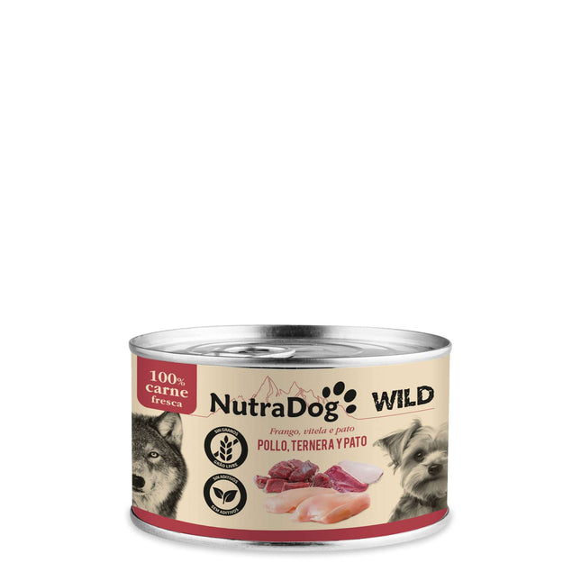 Lata de pollo, ternera y pato para perros NutraDog WILD - 200 gramos (Pack de 15 uds)