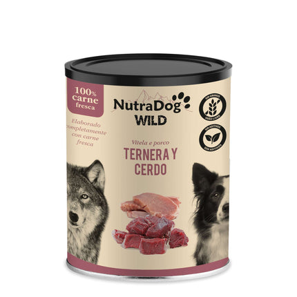 Lata de ternera y cerdo para perros NutraDog WILD - 400 gramos (Pack de 15 uds)