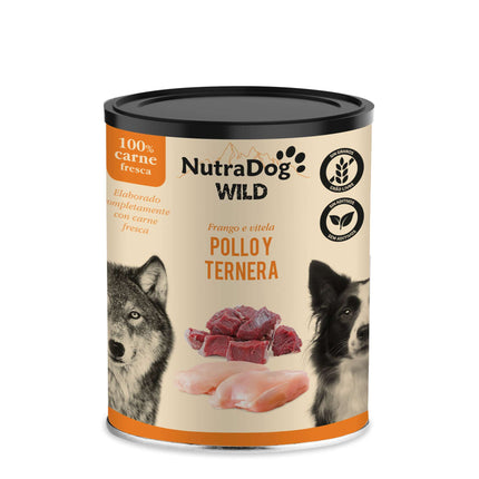 Lata de pollo y ternera para perros NutraDog WILD - 400 gramos (Pack de 15 uds)