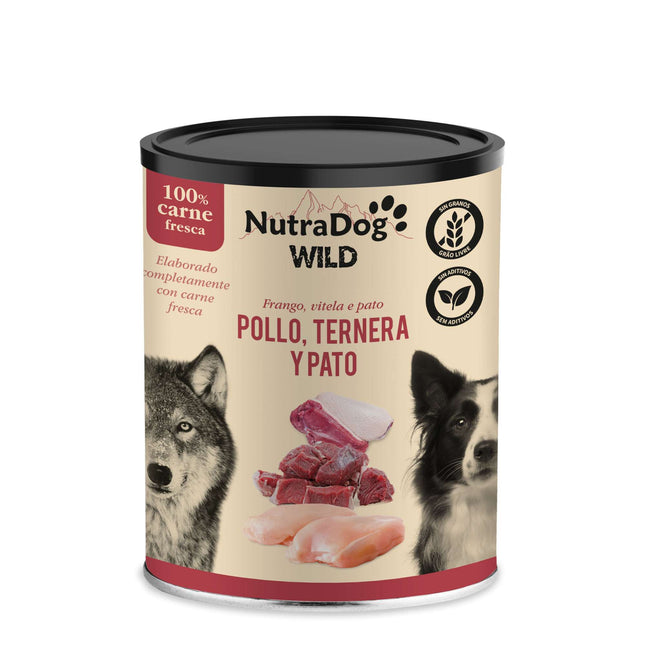 Lata de pollo, ternera y pato para perros NutraDog WILD - 400 gramos (Pack de 15 uds)