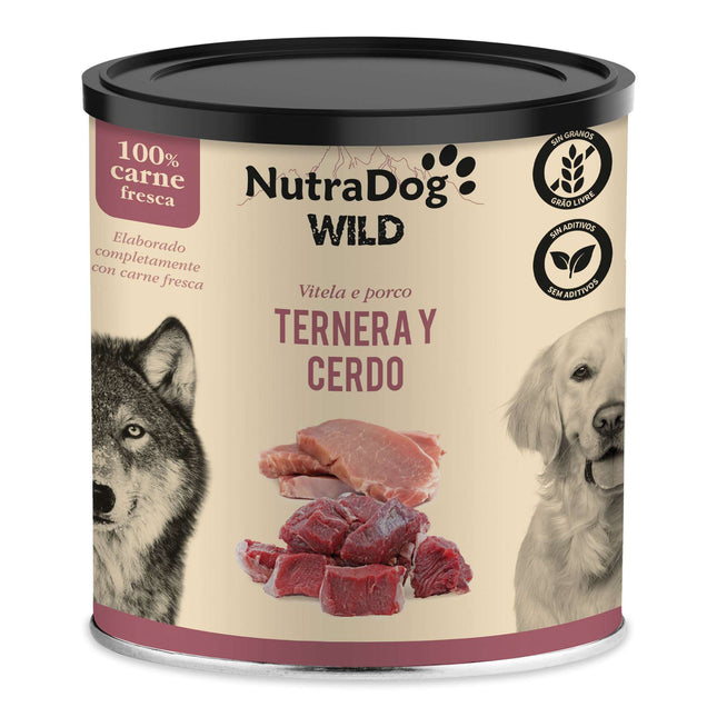Lata de ternera y cerdo para perros NutraDog WILD - 800 gramos (Pack de 8 uds)