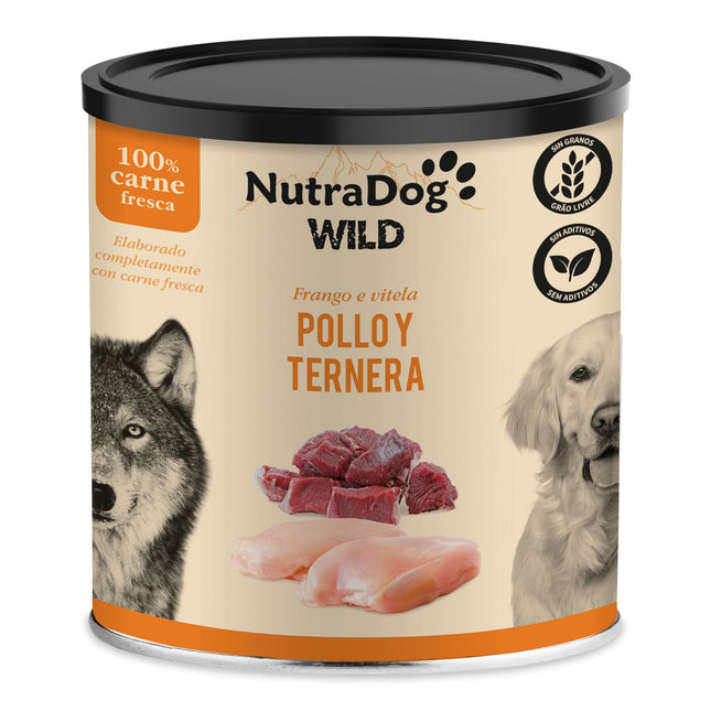 Lata de pollo y ternera para perros NutraDog WILD - 800 gramos (Pack de 8 uds)