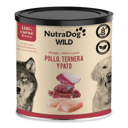 Lata de pollo, ternera y pato para perros NutraDog WILD - 800 gramos (Pack de 8 uds)