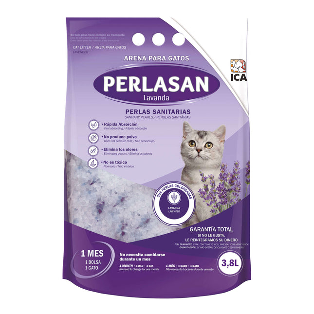 Lecho sanitario PERLASAN Lavanda de 3,8 litros para gatos (Pack de 8 uds)