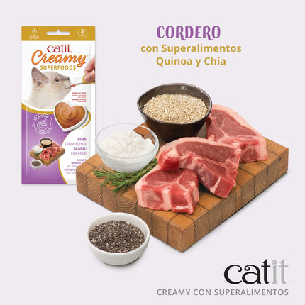 Catit Creamy Superfood Cordero/QuinoaChía - 4x10g (Pack de 12 uds)